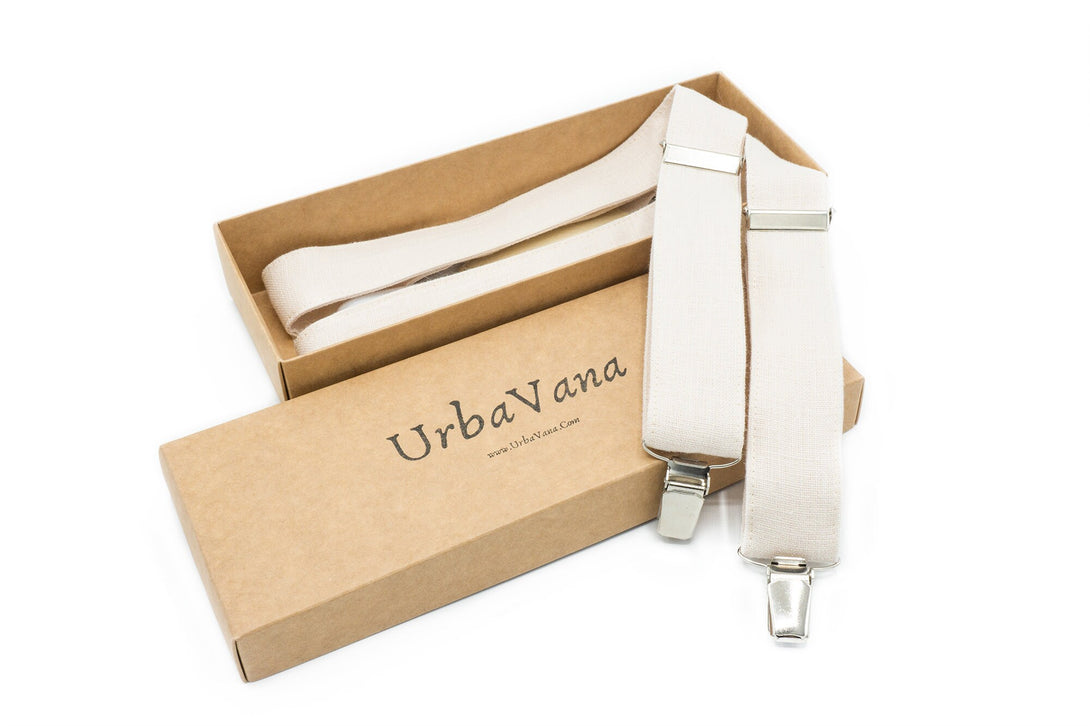 Ivory color adjustable Y-back linen wedding suspenders for groomsmen and groom, adult and boys suspenders and bow ties