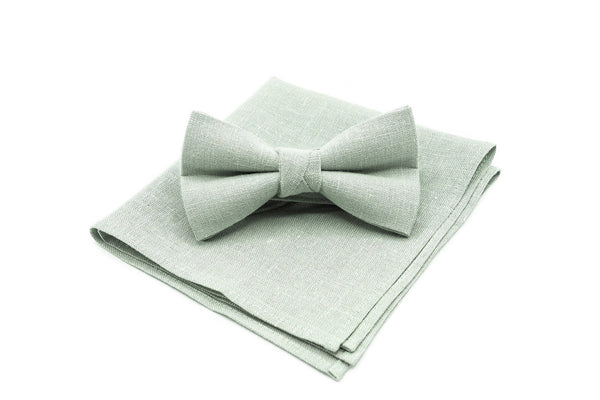 Dusty Light Sage Green pre-tied wedding bow ties for groomsmen / Dusty Sage linen necktie for man available with matching handkerchief