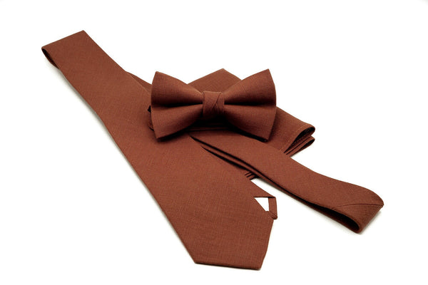 TERRACOTTA RUST color linen groomsmen or groom bow ties and neckties for wedding available with matching pocket square / Neckties for men