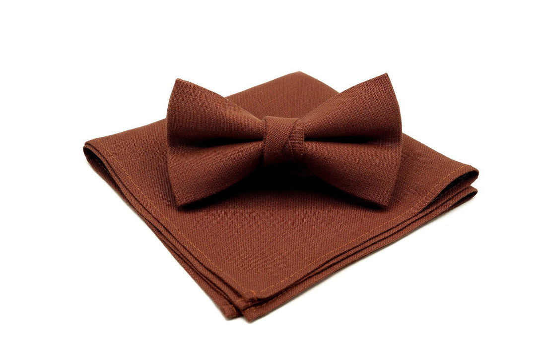 TERRACOTTA RUST color linen rustic or desert wedding bow ties for groomsmen, groom or ring bearer available with matching pocket square