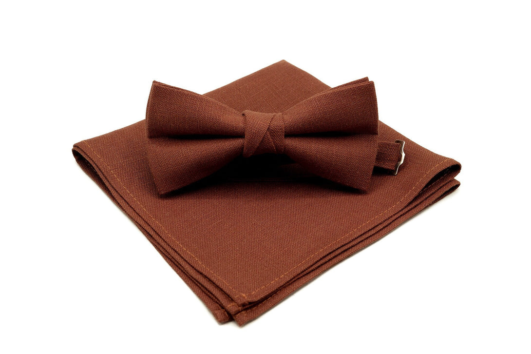 TERRACOTTA RUST color handmade linen bow ties for men and toddler baby boys available with matching pocket square or suspenders