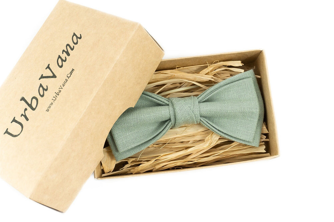 Dusty light sage green pre-tied linen men's bow tie for wedding