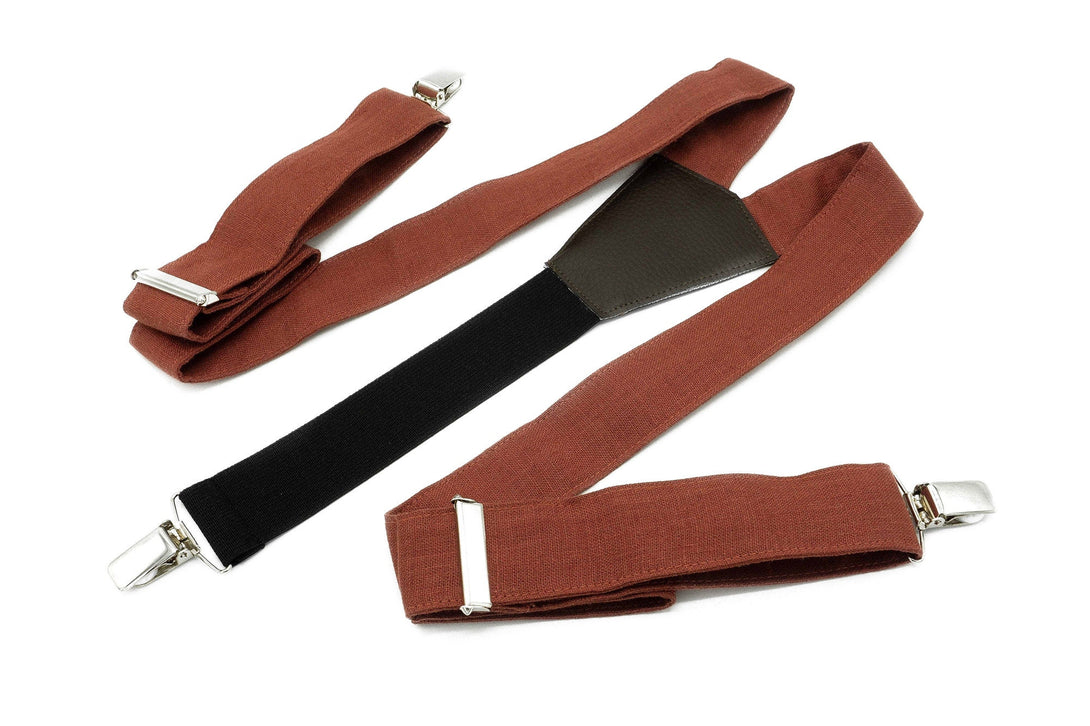 RUST color linen men's necktie available with matching pocket square or suspenders / Terracotta self-tied or pre-tied neckties