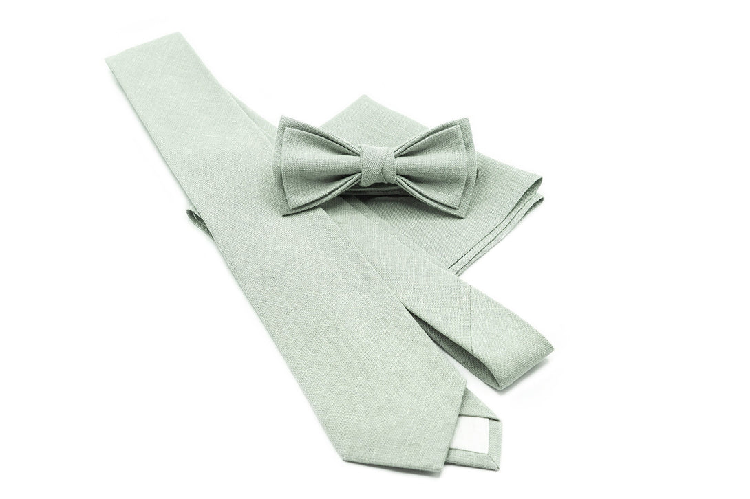 Dusty Light Sage Green groomsmen and groom bow ties for wedding available with matching pocket square, regular necktie or sage suspenders