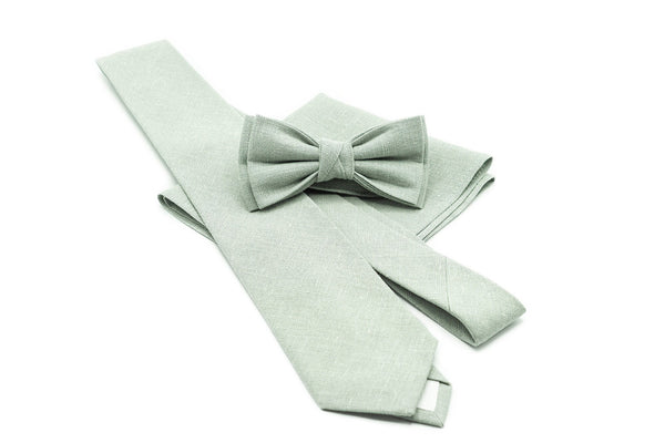 Dusty Light Sage Green butterfly bow ties for men and toddler boys available with matching handkerchief / Dusty sage linen neckties for men