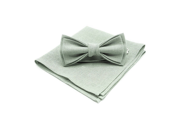 Dusty Light Sage Green bow ties for men and toddler baby boys available with matching pocket square, regular necktie or sage suspenders