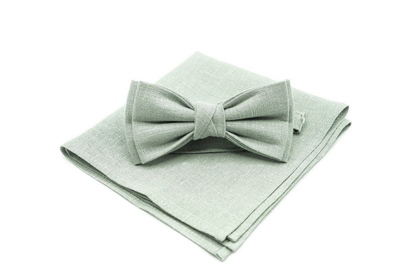 Dusty Light Sage Green butterfly wedding bow ties for groomsmen available with matching handkerchief / Dusty sage linen neckties for men