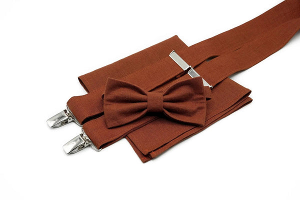 Rust Terracotta color butterfly bow ties for men and toddler baby boys available with matching pocket square / Rust color Y back suspenders