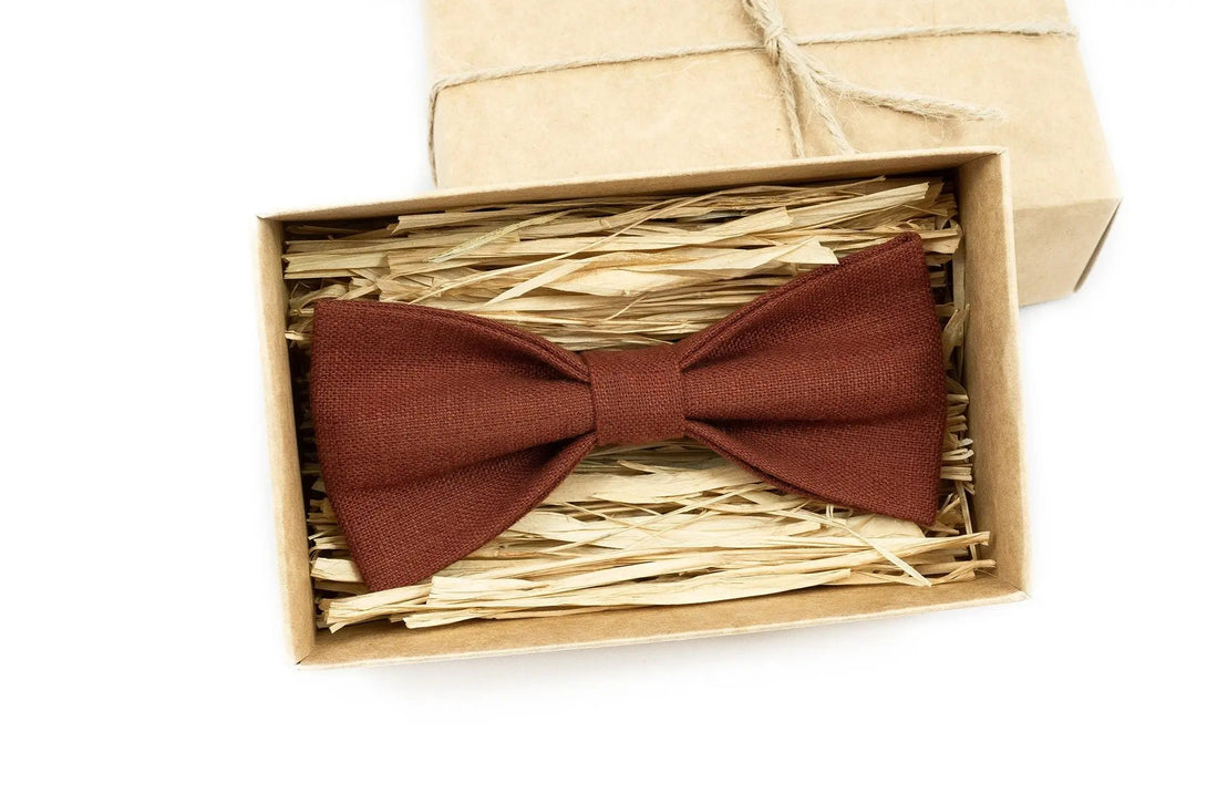 Rust Terracotta color wedding bow ties for groomsmen proposal gift available with matching handkerchief / Rust color Y back suspenders