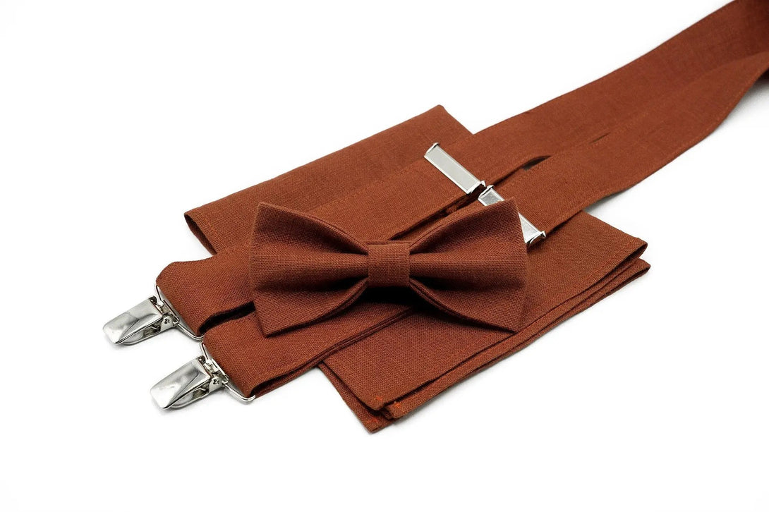 Rust Terracotta color wedding bow ties for groomsmen proposal gift available with matching handkerchief / Rust color Y back suspenders