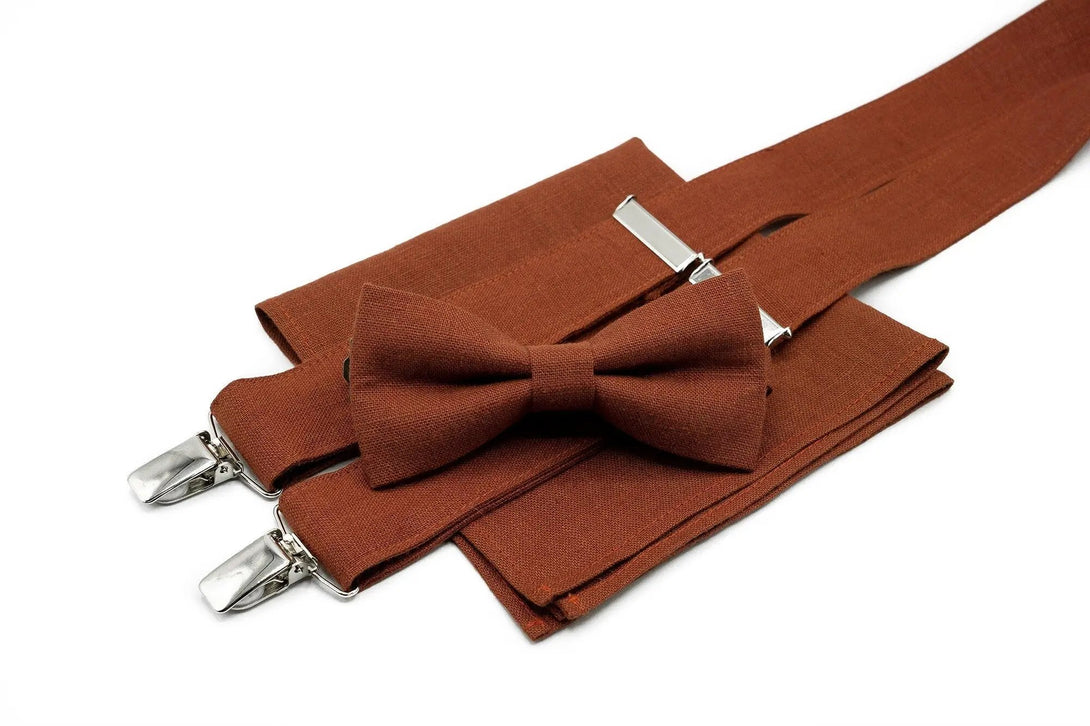 Rust Terracotta color linen best men ties for desert or fall weddings available with matching pocket square or Y back suspenders