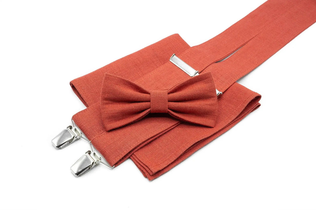 Red Brick color butterfly daddy and son bow ties available with matching pocket square / Red Brick color Y back suspenders for men and boys