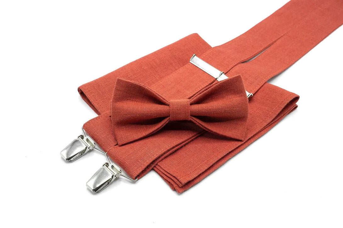 Red Brick color linen pre-tied groomsmen bow ties for fall weddings available with matching handkerchief / Red Brick color Y back suspenders