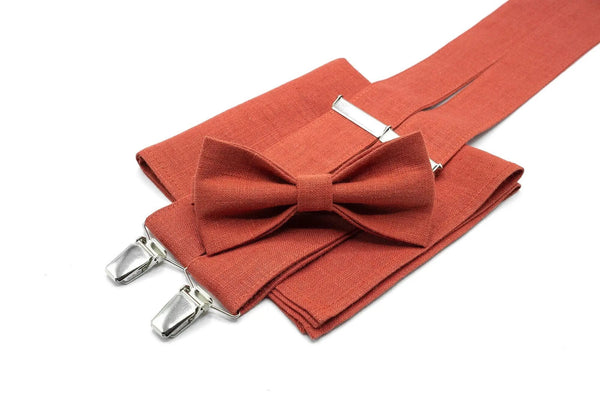 Red Brick color linen pre-tied groomsmen bow ties for fall weddings available with matching handkerchief / Red Brick color Y back suspenders