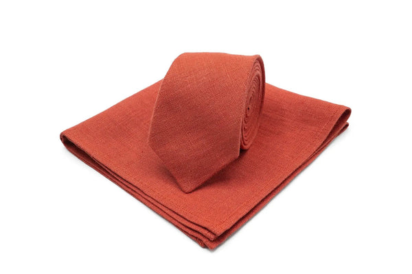 Red Brick color linen self-tied neckties for men available with matching pocket square / Red Brick best men ties for weddings