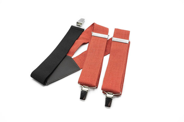 Red Brick color linen Y-back suspenders available with matching pocket square - Ideal for Groom, Groomsmen, Men, Boys, and Toddlers