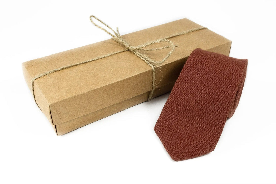 Rust Terracotta color linen pre-tied wedding bow ties for groomsmen available with matching pocket square / Rust color neckties for men