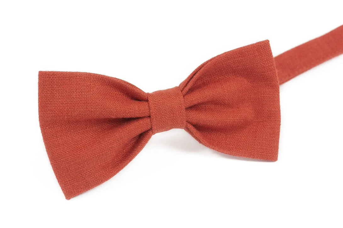 Red Brick color linen butterfly groomsmen bow ties for fall weddings / Red Brick color neckties for men available with matching handkerchief