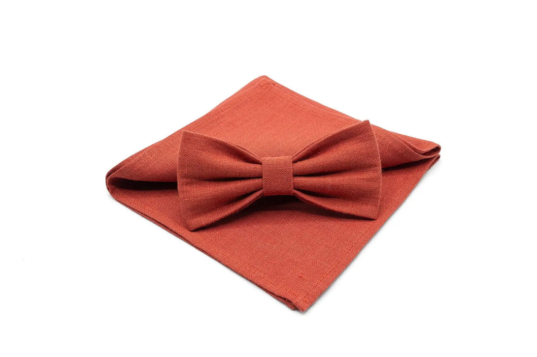 Red Brick color linen butterfly groomsmen bow ties for fall weddings / Red Brick color neckties for men available with matching handkerchief