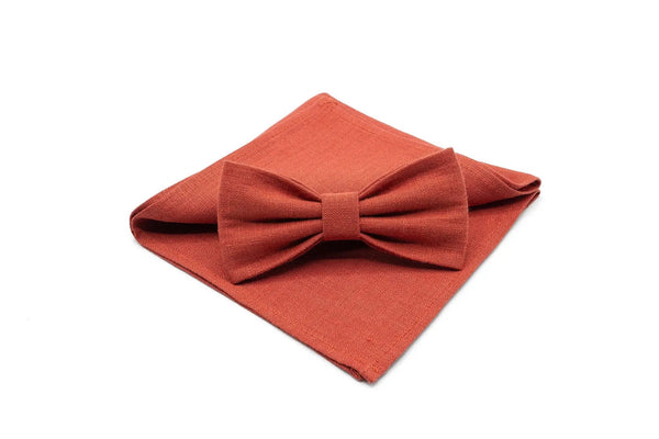 Red Brick color linen butterfly groomsmen bow ties for fall weddings / Red Brick color neckties for men available with matching handkerchief