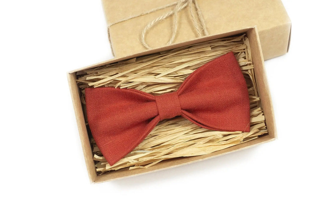 Red Brick color linen father and son bow ties available with matching pocket square / Red Brick color neckties for men or groomsmen