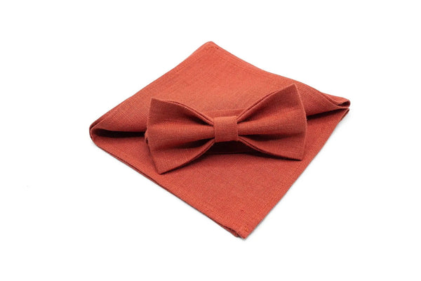 Red Brick color linen father and son bow ties available with matching pocket square / Red Brick color neckties for men or groomsmen