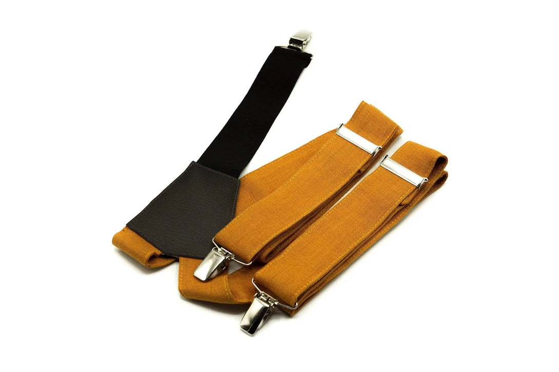 Mustard color linen men's wedding bow ties available with matching pocket square or Y back suspenders / Mustard color bow ties for men