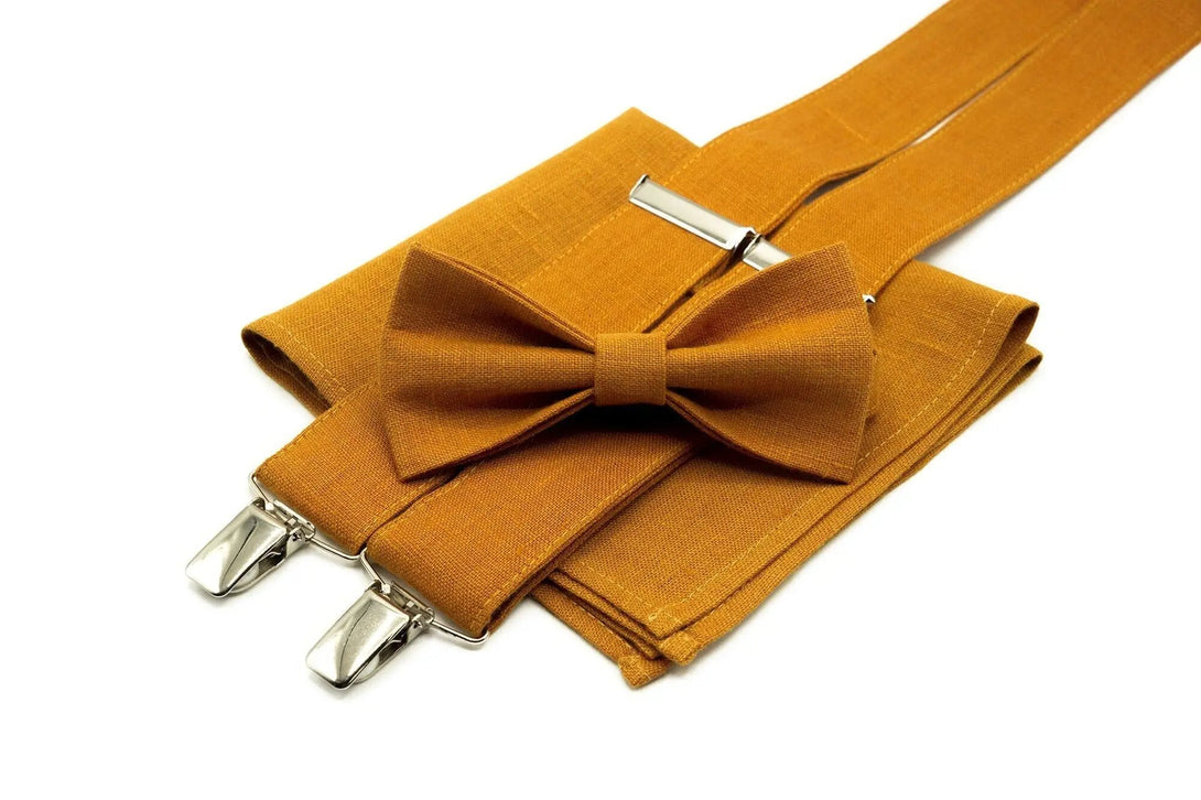 Mustard color linen men's wedding bow ties available with matching pocket square or Y back suspenders / Mustard color bow ties for men