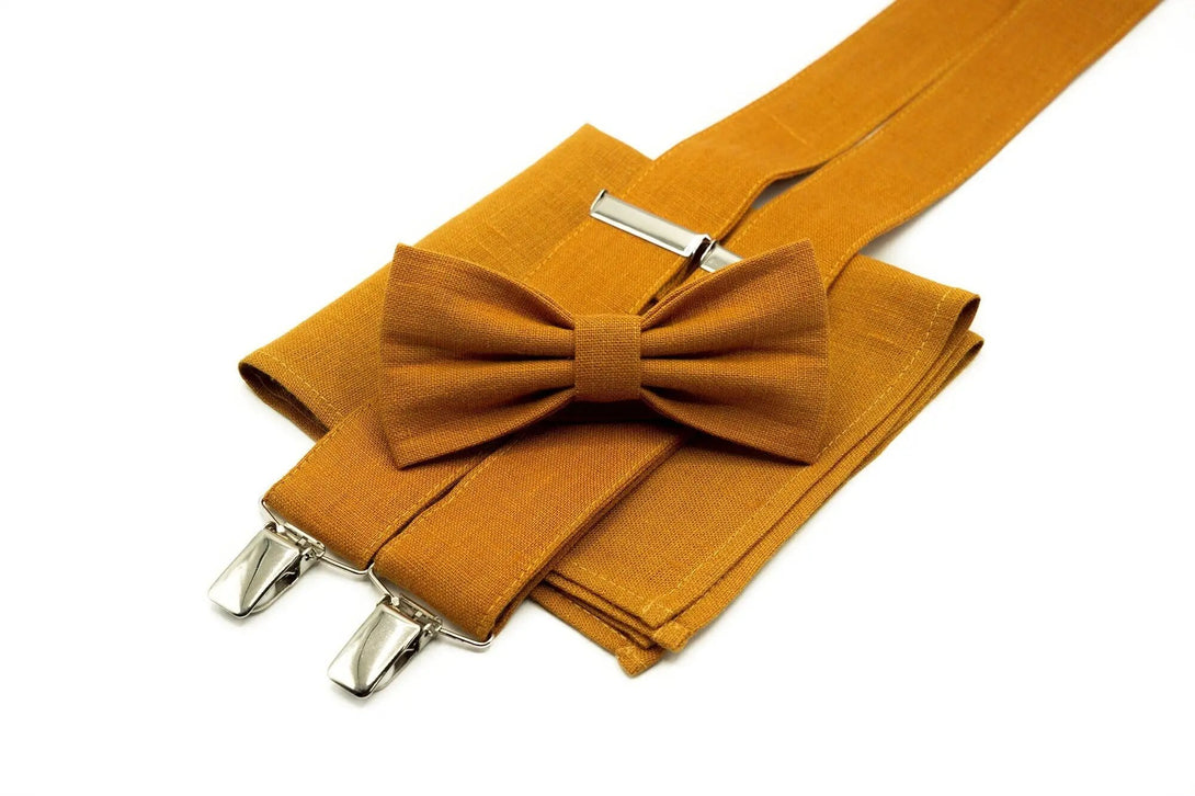 Mustard color butterfly groomsmen bow ties for wedding available with matching pocket square / Mustard color Y back suspenders for men