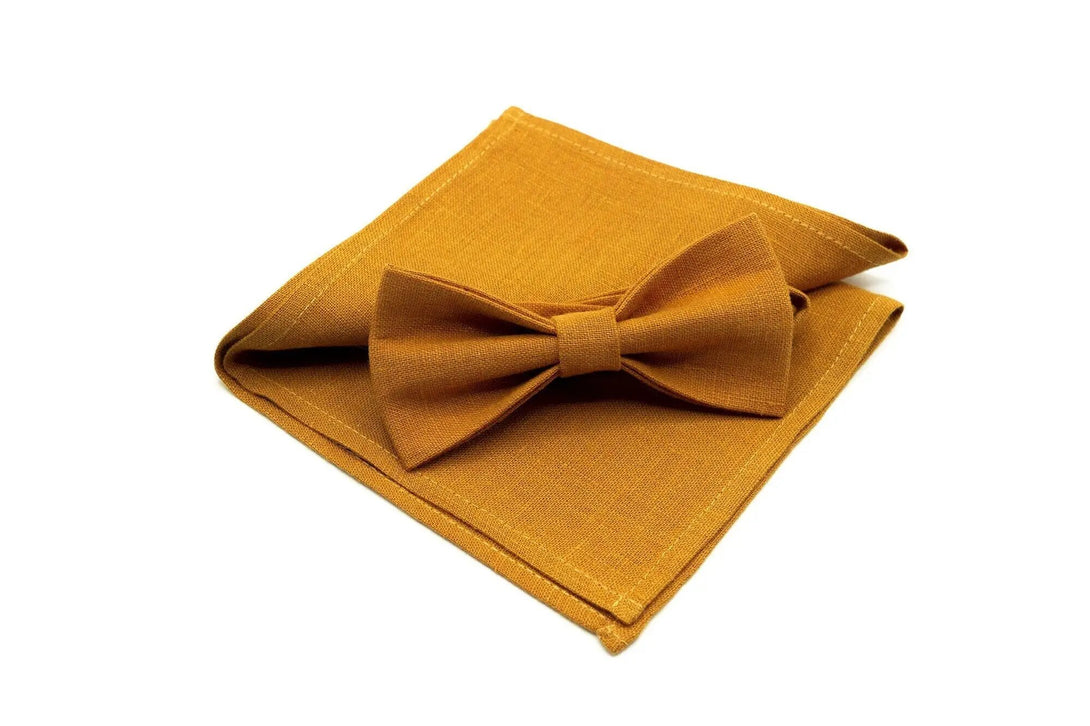 Mustard color pre-tied linen bow ties for men and toddler baby boys available with matching pocket square / Mustard color necktie for men