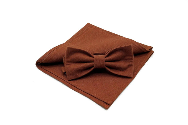 Rust Terracotta color linen pre-tied wedding bow ties for groomsmen available with matching pocket square / Rust color neckties for men