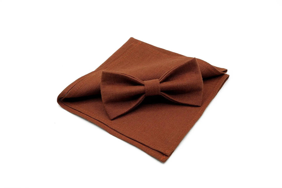 Rust Terracotta color linen father and son bow ties available with matching handkerchief / Rust color groomsmen neckties for desert weddings