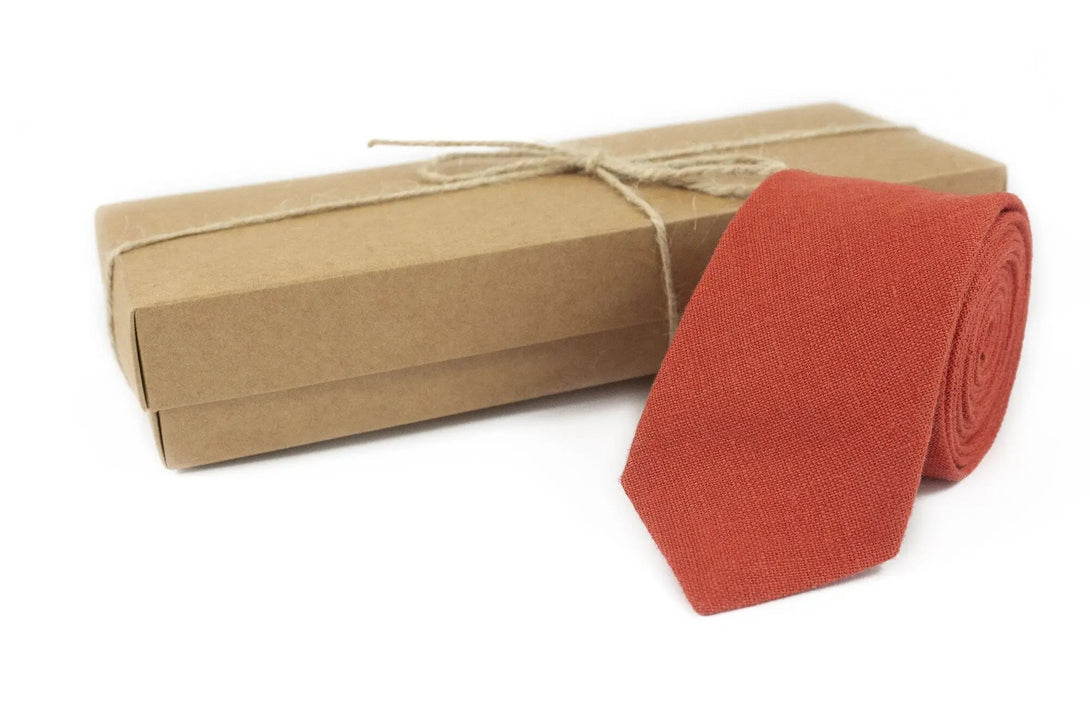 Red Brick color linen butterfly groomsmen bow ties for fall weddings / Red Brick color neckties for men available with matching handkerchief