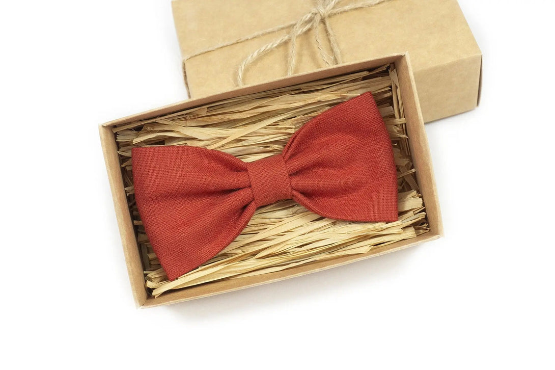 Red Brick color linen butterfly groomsmen bow ties for fall weddings / Red Brick color neckties for men available with matching handkerchief
