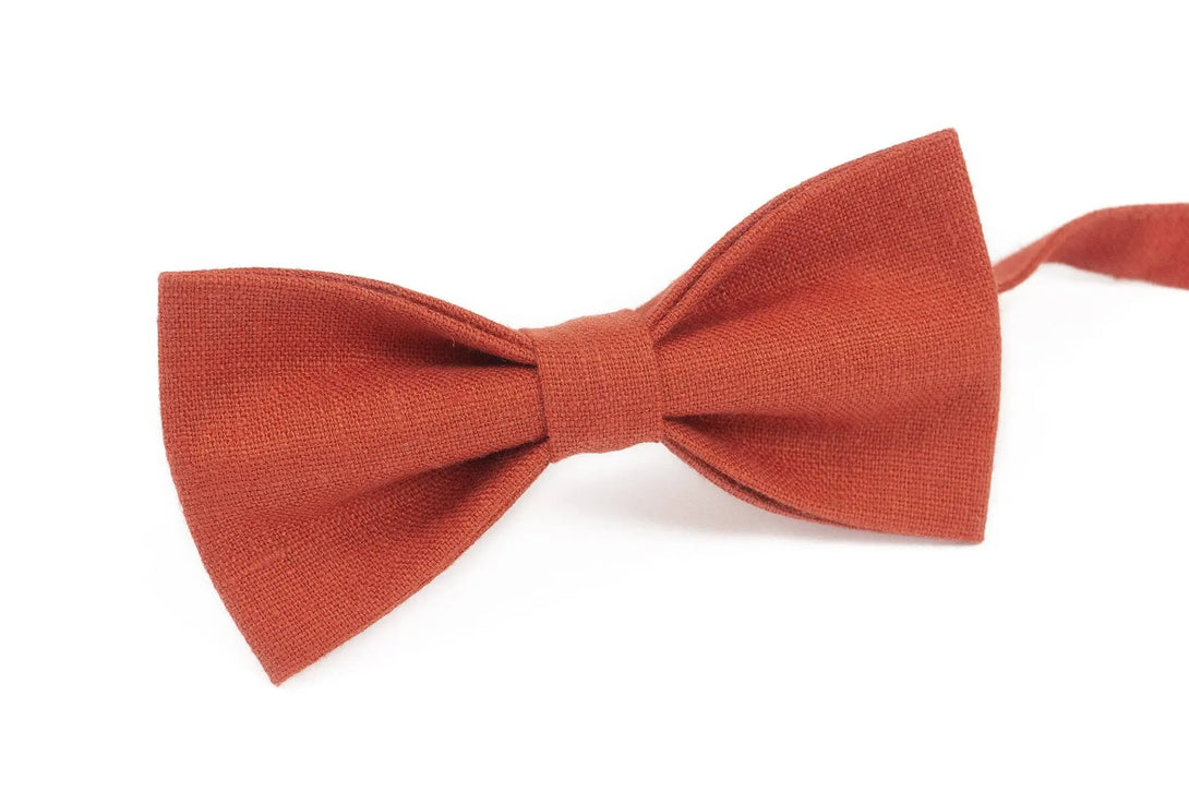 Red Brick color linen father and son bow ties available with matching pocket square / Red Brick color neckties for men or groomsmen