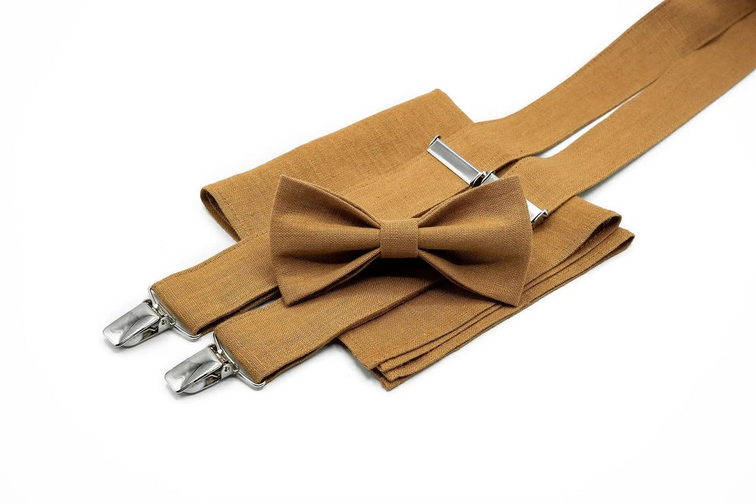 Camel color wedding bow ties for groomsmen proposal gift available with matching suspenders or pocket square / Handmade linen ties set