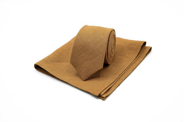 Camel color Handmade Linen necktie for men available with matching pocket square / Unique gift for men, husband or boyfriend