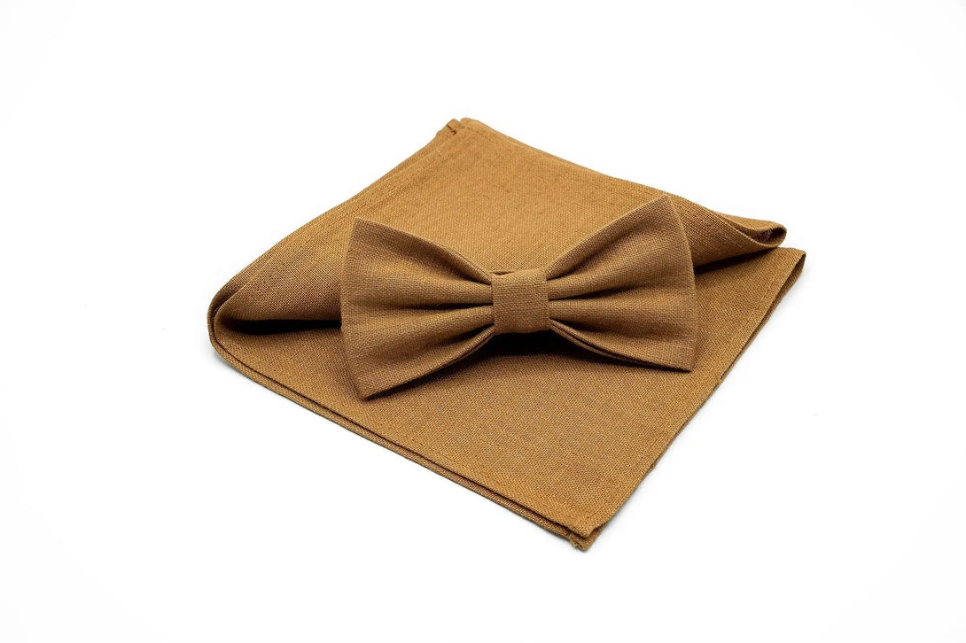 CAMEL color pre-tied linen butterfly bow tie available with matching pocket square / Camel brown skinny, slim, standard neckties for men